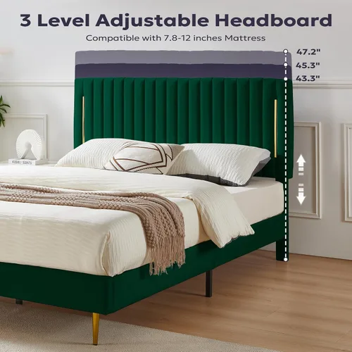 Vista 3 de Furnify Base de cama de plataforma individual, marco de cama tapizado de terciopelo con cabecera ajustable de canal vertical, ribete dorado, base