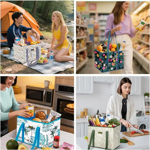 Vista 2 de BALEINE 1 paquete de bolsas reutilizables para comestibles, bolsas de compras plegables para comestibles con parte inferior reforzada y asas Follaje