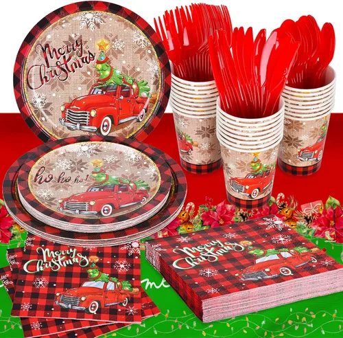 Vista 5 de Suministros de fiesta de Navidad, platos de papel desechables, servilletas, vasos, cuchillos, cucharas, tenedores, mantel para decoraciones