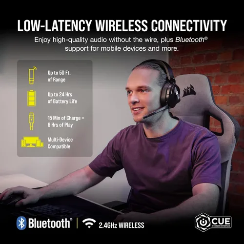 Vista 2 de CORSAIR HS55 Auriculares inalámbricos multiplataforma ligeros para juegos con Bluetooth - Sonido envolvente Dolby 7.1 - Micrófono de alta calidad