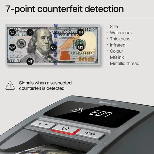 Vista 3 de Safescan Detector de billetes falsificados portátil multidirección, 185-S detección de falsificación de 7 puntos, se adapta a 8 monedas, detecta