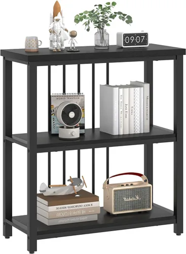 Vista 8 de FOLUBAN Estantería, Librero Moderno de 3 Niveles, Estantes de Libros de Madera y Metal para Sala de Estar, Oficina, Dormitorio, Roble Negro Rústico