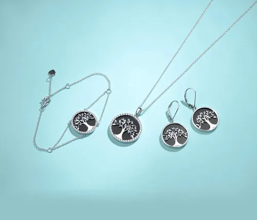 Vista 3 de AGVANA Regalos para el día de la madre, collar de árbol de la vida, aretes para mujer, plata de ley, ónix negro, circonita cúbica, joyería de árbol