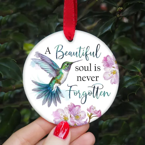 Vista 9 de Adornos de Navidad conmemorativos, colibrí "Un alma hermosa nunca se olvida", adornos para árbol de Navidad, adorno de Navidad de duelo, regalos