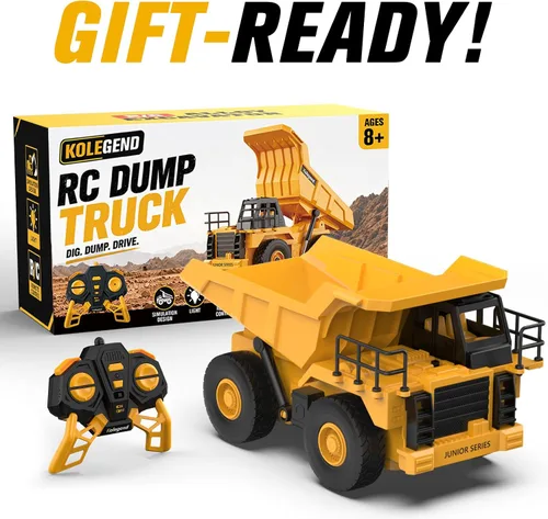 Vista 6 de kolegend Camión volquete RC de juguete para niños, camión volquete de control remoto con cama volquete de trabajo, juguete de construcción RC de 2.4