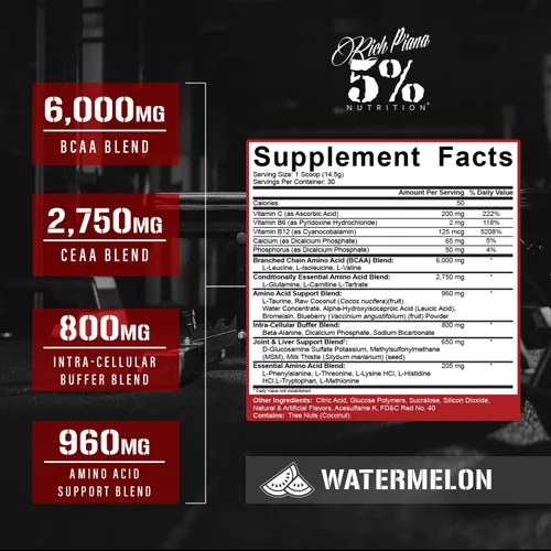 Vista 2 de 5% Nutrition Rich Piana AllDayYouMay BCAA Powder Aminoácidos prémium para intra y después del entrenamiento, hidratación, resistencia
