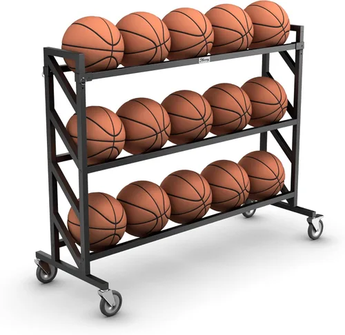 Vista 5 de Murray Sporting Goods Estante de baloncesto premium Carrito de bolas resistente de 3 niveles y 15 bolas con ruedas Pin de caída para preferencia