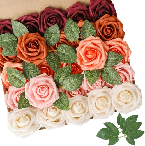 Vista 23 de AmyHomie 25 flores artificiales de aspecto real con tallo de rosa beige