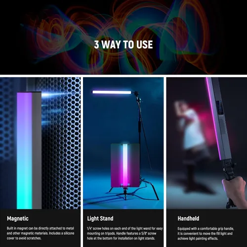 Vista 9 de NEEWER Barra de Luz LED RGB2 con Puerta de Granero de Metal, Mango, Barra Táctil/APP/Control 2.4G, Luz de Video RGB Magnética Recargable de Mano