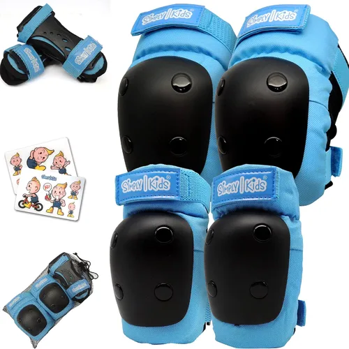 Vista 8 de Rodilleras y coderas con protectores de muñeca Simply Kids, tecnología HardSoft. Juego de equipo de protección certificado CPSIA. Rodilleras