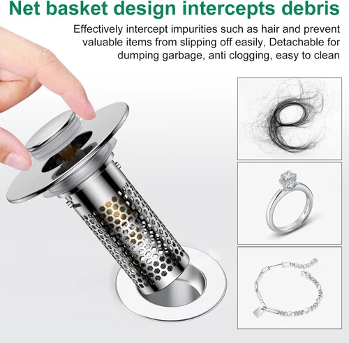 Vista 5 de Colador de drenaje para lavabo de baño, tapón emergente para lavabo atrapa cabellos, cesta de filtro de drenaje de acero inoxidable Ysilver-2