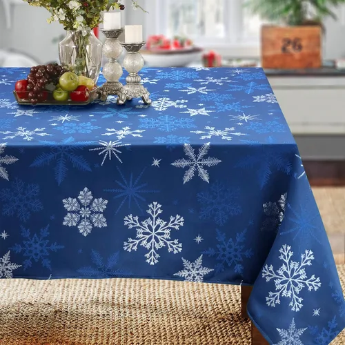 Vista 10 de Camino de mesa tejido jacquard metálico con copos de nieve azul navideño (corredor de 14" x 72")