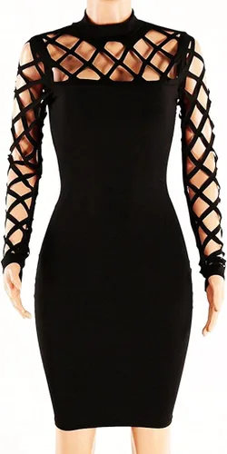 Vista 3 de AMiERY Vestido de manga larga para mujer, vestido ajustado de vendaje para discoteca, Negro