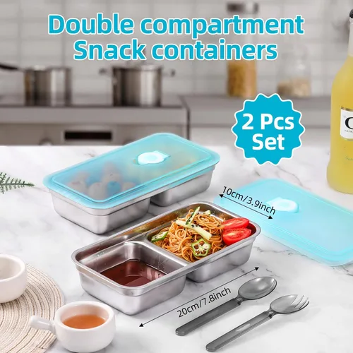 Vista 2 de Recipientes de Acero Inoxidable para Snacks con Tapas, Paquete de 2 Loncheras Reutilizables Grab and Go de 2 Compartimentos para Viajes y Campamento