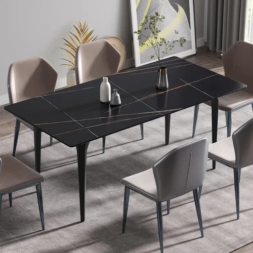 Vista 16 de Mesa de comedor de cocina de 63 pulgadas para comedor, cocina, comedor, espacio compacto con mesa de piedra sinterizada, 4 patas de metal negro