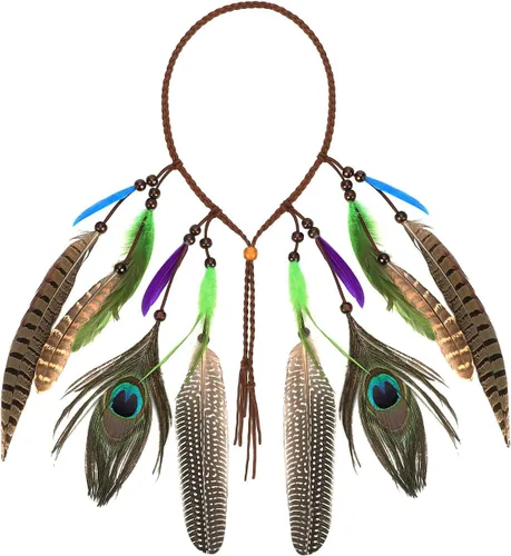 Vista 3 de Diadema de plumas bohemias con borlas de princesa india, ajustable, corona hippie
