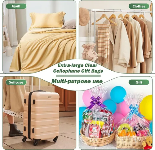 Vista 6 de 30 paquetes de bolsas de celofán de 32 x 40 pulgadas para cesta, bolsas de celofán transparentes extragrandes gigantes, bolsas de celofán