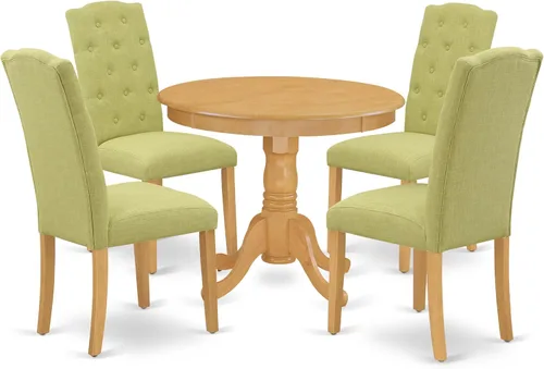Vista 14 de East West Furniture ANCE3-LWH-15 - Juego de mesa de comedor moderno de 3 piezas que contiene una mesa de cocina redonda con pedestal y 2 sillas