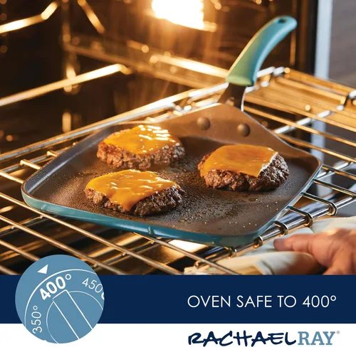 Vista 8 de Rachael Ray Cook + Create - Parrilla/Sartén antiadherente para estufa, cuadrada, 11 pulgadas, azul agave