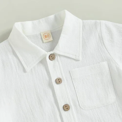 Vista 5 de BULINGNA Conjunto de 2 piezas de camiseta de manga corta con botones y pantalones cortos para bebé, algodón, lino, verano