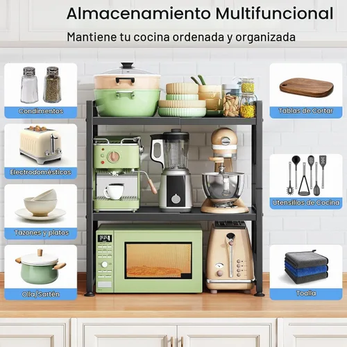 Vista 5 de Estante para horno de microondas expandible, estante de horno de microondas resistente de 3 niveles ajustable con 8 ganchos y 2 soportes, estante