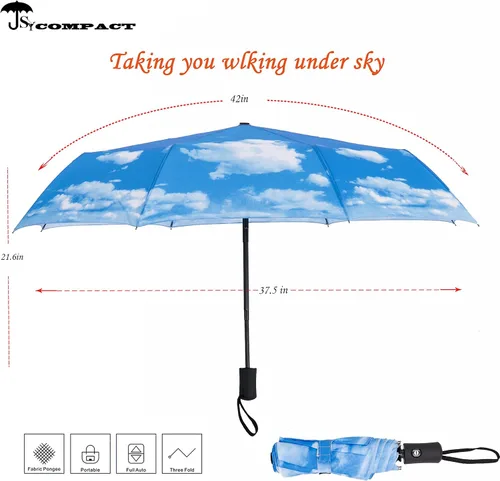 Vista 2 de Paraguas de viaje resistente al viento, automático, ligero, irrompible, de gran eficiencia, de SY Compact azul (Blue 1 Pack)