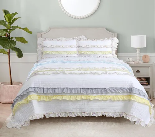 Vista 11 de Cozy Line - Juego de edredón de rayas verdes lavanda y puntos morados, 2 piezas, 100% algodón, reversible, para todas las estaciones, con fundas
