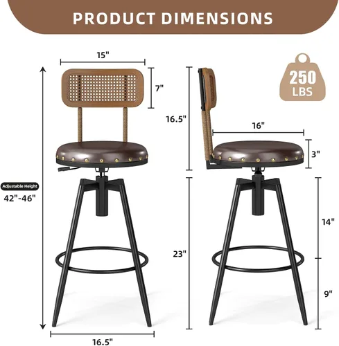 Vista 2 de Taburete de bar giratorio ajustable de 42 pulgadas con respaldo, taburetes rústicos de altura de bar, silla de bar de 360 grados para comedor, isla