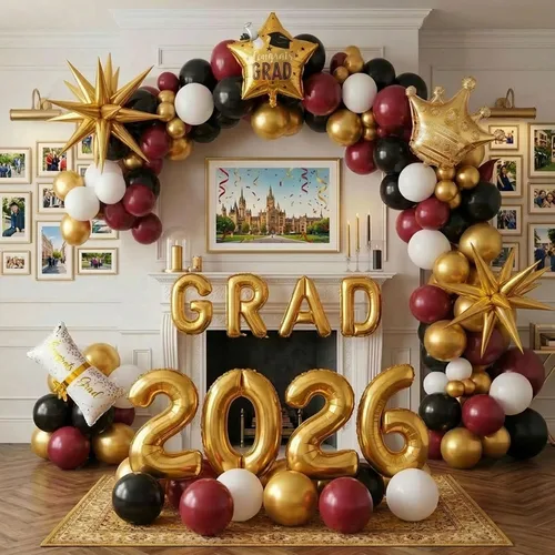 Vista 9 de Kit de arco de guirnalda de globos de graduación con temática azul con globos de aluminio para estudiantes universitarios de secundaria, clase