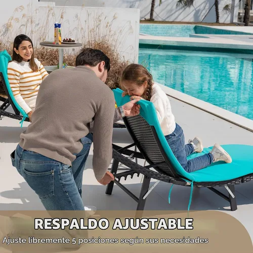 Vista 3 de Devoko Juego de tumbonas para patio al aire libre de ratán con respaldo ajustable, 3 piezas acolchadas para patio plegable con mesa plegable (azul)