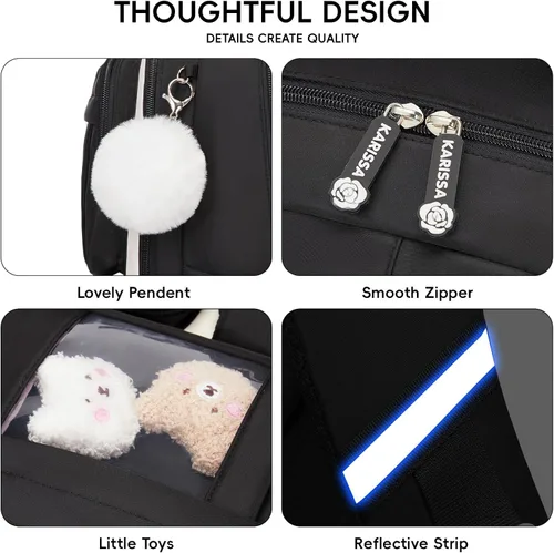 Vista 4 de Juego de mochila para niñas con lonchera de 3 piezas, juego de mochila escolar kawaii para niños de primaria y secundaria, mochila linda y liviana