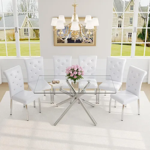 Vista 19 de Juego de mesa de comedor moderna para mesa de comedor negra de 4,63 pulgadas, juego de 4 con patas de metal dorado, mesa de cocina rectangular
