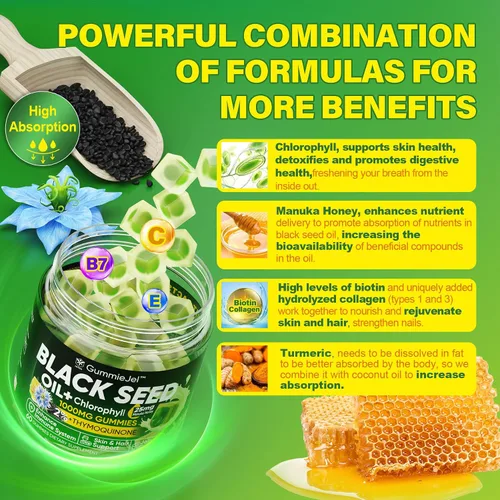Vista 4 de Gomitas de aceite de semilla negra y clorofila, biotina de 500 mcg con colágeno hidrolizado, miel de manuka cruda, orgánica prensada en frío, máxima