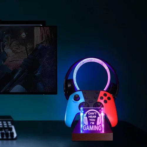 Vista 2 de YuanDian Gamer Gifts for Teenage Boy, Can't Hear You I'm Gaming Headset and Controller Stand, Acrylic Wooden Controller Holder with Blue Pink LED
