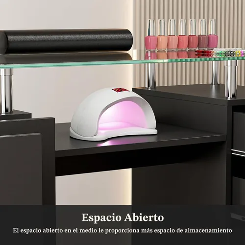 Vista 8 de Mesa de manicura con parte superior de vidrio para tecnología de uñas, estación de escritorio resistente a acetona con cajones de almacenamiento
