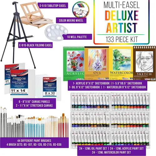 Vista 2 de U.S. Art Supply Juego de pintura para artistas de 133 piezas - Caballete de aluminio y madera, 24 cada uno (pinturas acrílicas, al óleo, acuarela)