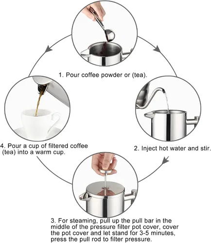 Vista 3 de Percoladora de café, 8.5 x 6.8 x 4.1 pulgadas, 33.8 fl oz, olla de café estable en forma de U sin goteo, hervidor de acero inoxidable de doble capa