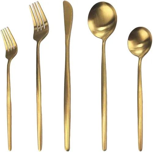 Vista 11 de Juego de cubiertos de 5 piezas, Uniturcky, de acero inoxidable negro y dorado, utensilios para comer con cuchillo, tenedor, cuchara para el hogar