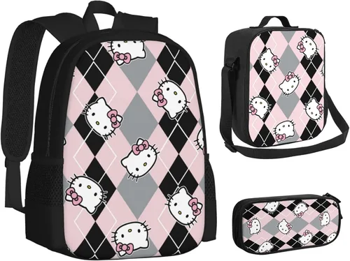 Vista 2 de Juego de mochilas para niños con diseño de gato lindo de dibujos animados para niñas, mochila escolar con caja de almuerzo y estuche para lápices