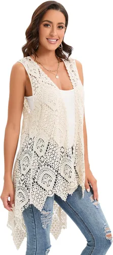 Vista 4 de Chaleco de encaje de ganchillo para mujer, estilo bohemio, sin mangas, kimono con dobladillo irregular