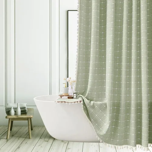 Vista 11 de Cortina de ducha de tela de estilo granja con rayas negras, cortina de baño bohemia de patchwork de gingham, cortina de baño rústica y elegante