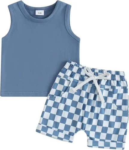 Vista 15 de Kupretty Ropa para bebé niño de 6, 12, 18, 24 meses, 2T 3T, trajes de verano, sin mangas, camiseta y pantalones cortos casuales Negro