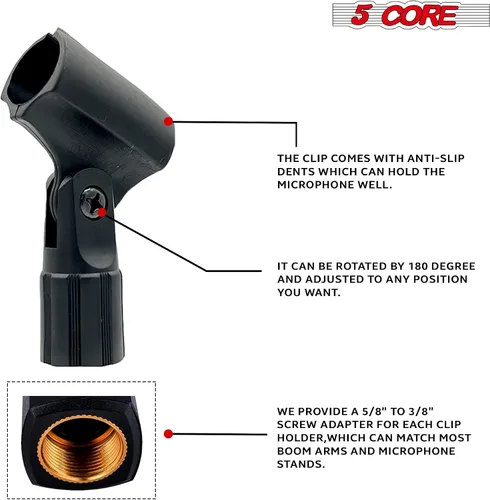 Vista 2 de 5 Core Clips de micrófono para soportes, 6 piezas, soporte universal ajustable con adaptadores de tornillo de 5/8 a 3/8 pulgadas, fácil instalación