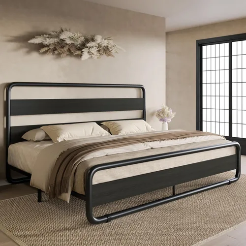 Vista 13 de SHA CERLIN Base de cama de metal de tamaño individual con cabecera y estribo de madera, base de cama de plataforma ovalada resistente