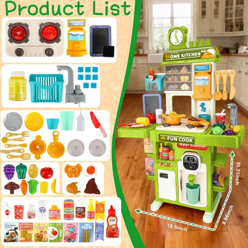 Vista 6 de Juego de cocina para niños Mini juego de cocina para niños con estufa, sonido y luz Juguetes de cocina de simulación para niños de 3, 4, 5 años Verde