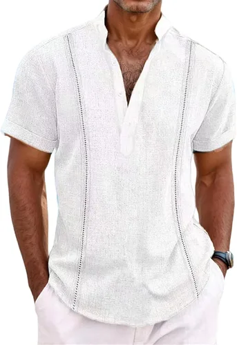Vista 5 de Camisas de guayabera cubana para hombre, camisa casual de lino de manga corta, camisas mexicanas hawaianas con botones para playa y verano 2025