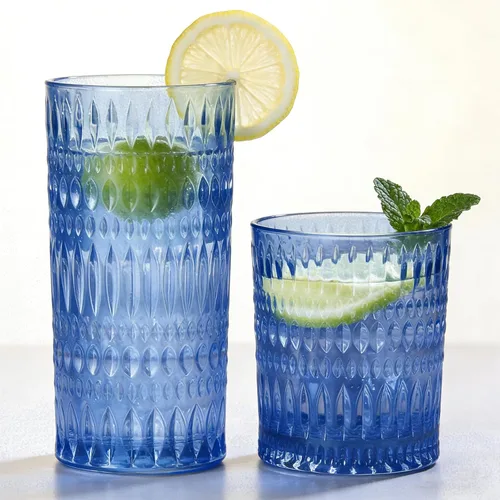 Vista 13 de Loivttvv Glassware - Juego de 8 vasos altos de 14 onzas y vasos de vidrio acanalado de 10 onzas, cristalería vintage para agua, jugo, cóctel