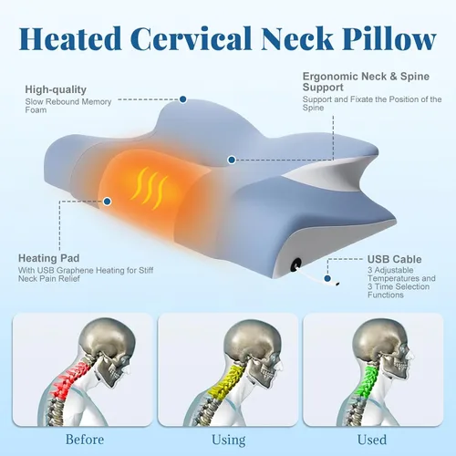 Vista 4 de Almohada cervical térmica para aliviar el dolor de cuello, almohada ergonómica para dormir de lado, almohadas ortopédicas de espuma viscoelástica