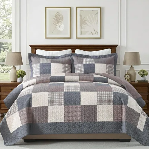 Vista 12 de KALOOLA Colchas de granja tamaño Queen – Juego de ropa de cama acolchado ligero 100% algodón, 3 piezas, colcha a cuadros estampada con 2 fundas