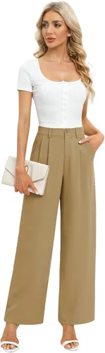 Vista 4 de Feiersi Pantalones de trabajo de negocios para mujer, de cintura alta, pantalones de pierna ancha, pantalones largos y rectos con bolsillo